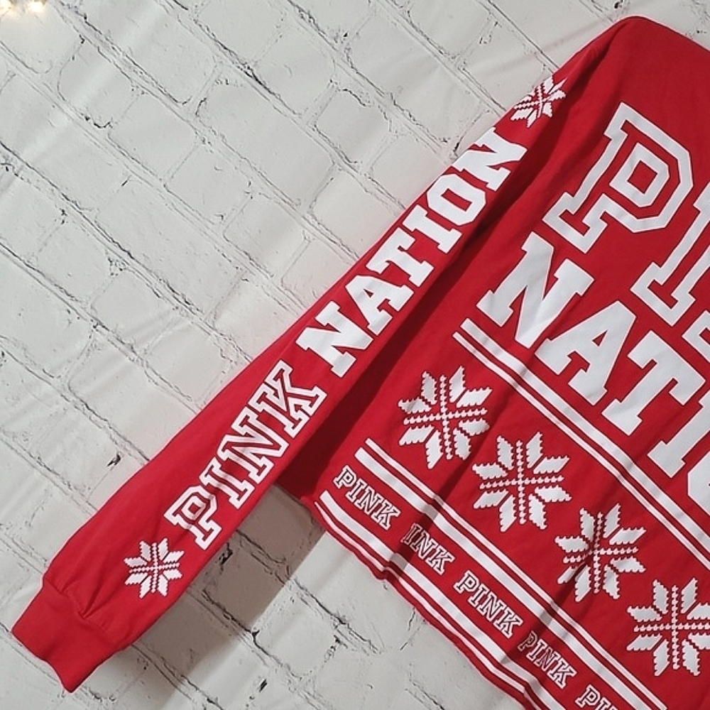 2017 Victoria's Secret PINK Red Holiday Long Sleeve Snowflake Crop Top Tee Sz XS - Picture 4 of 12